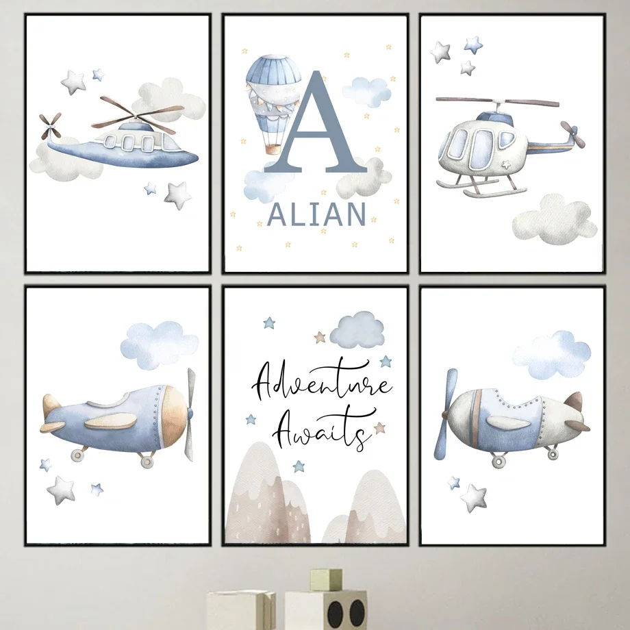 

Blue Airplane Hot Air Balloon Cloud Name Custom Wall Art Canvas Painting Nordic Posters And Prints Wall Pictures Kids Room Decor