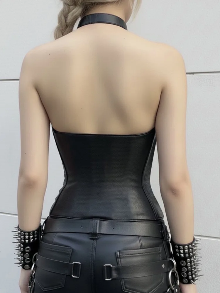 AltGoth Harajuku Dark Gothic Pu Canotta Donna Streetwear Cyber Punk Grunge Fasciatura a vita alta Corsetto a vita alta Canotte corte