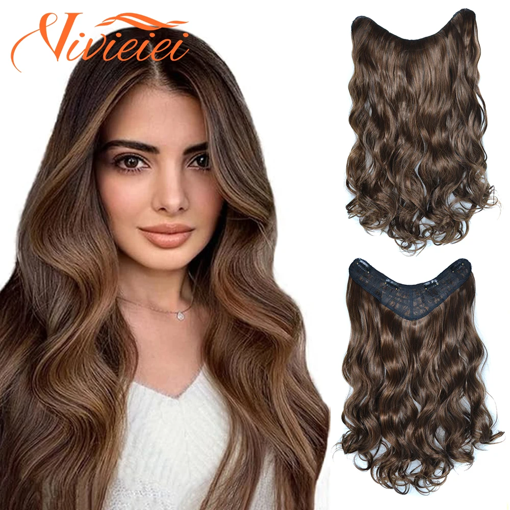 

Synthetic V-shaped Long Curly Wavy Hair Extension Clip In Hair Piece Heat Resistant Fiber Ombre Black Brown For Women