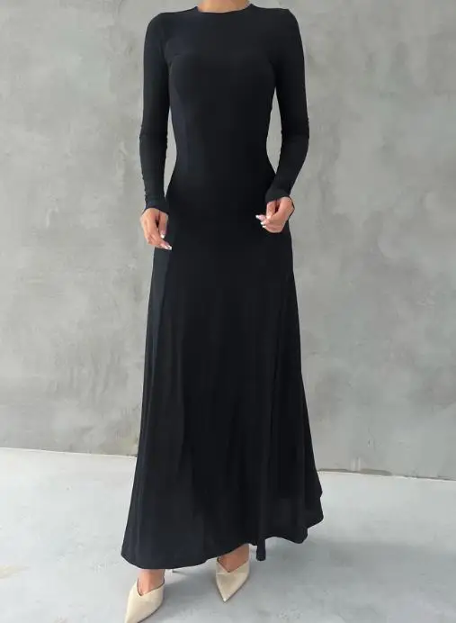 

Women's Dress Spring and Autumn French Style Elegant Style Black Fashion Round Neck High Waist Slimming Long Sleeve Dress