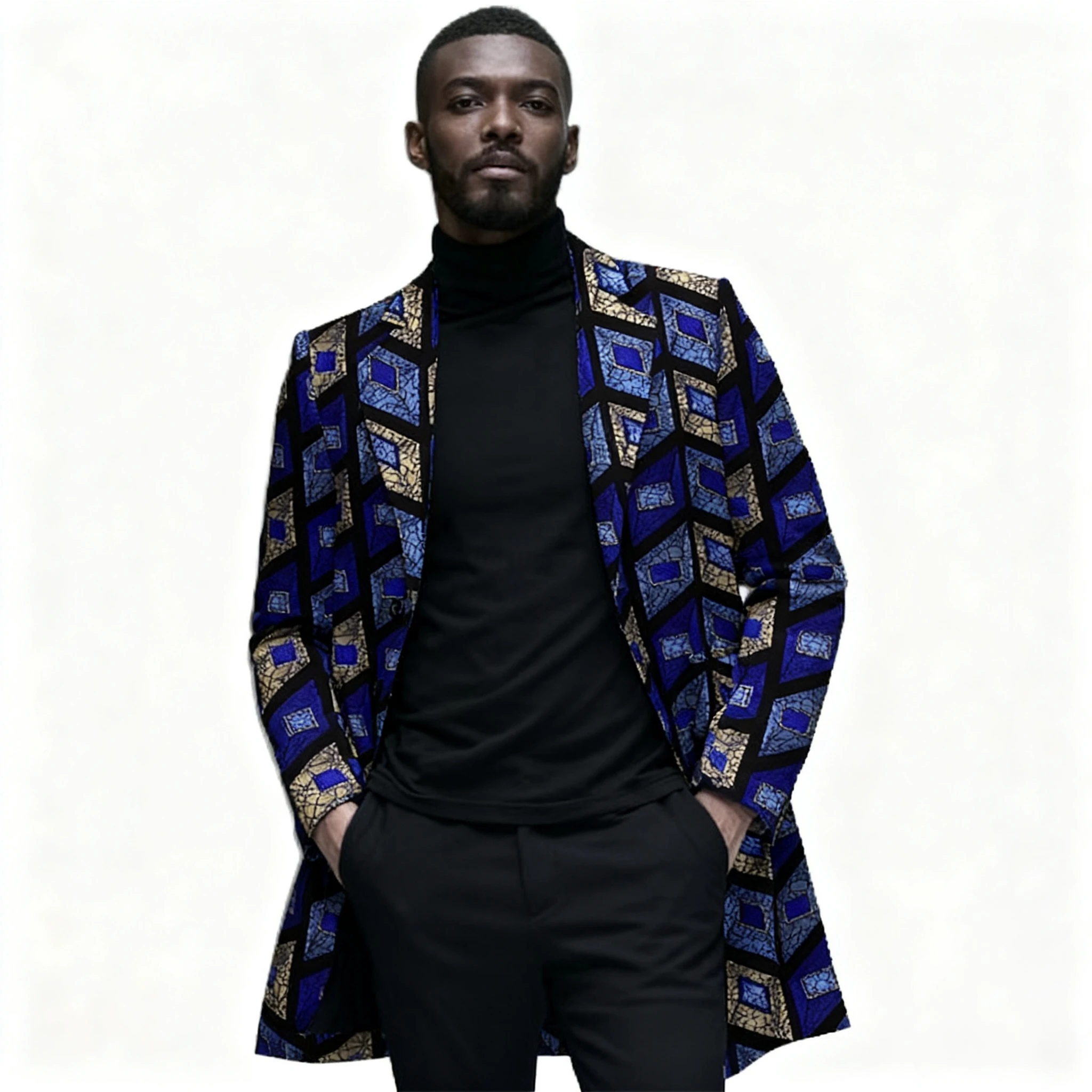 Modern Design Print Men's Long Blazers African Coutrure Lapel Jacket Abstract Pattern Male Coat