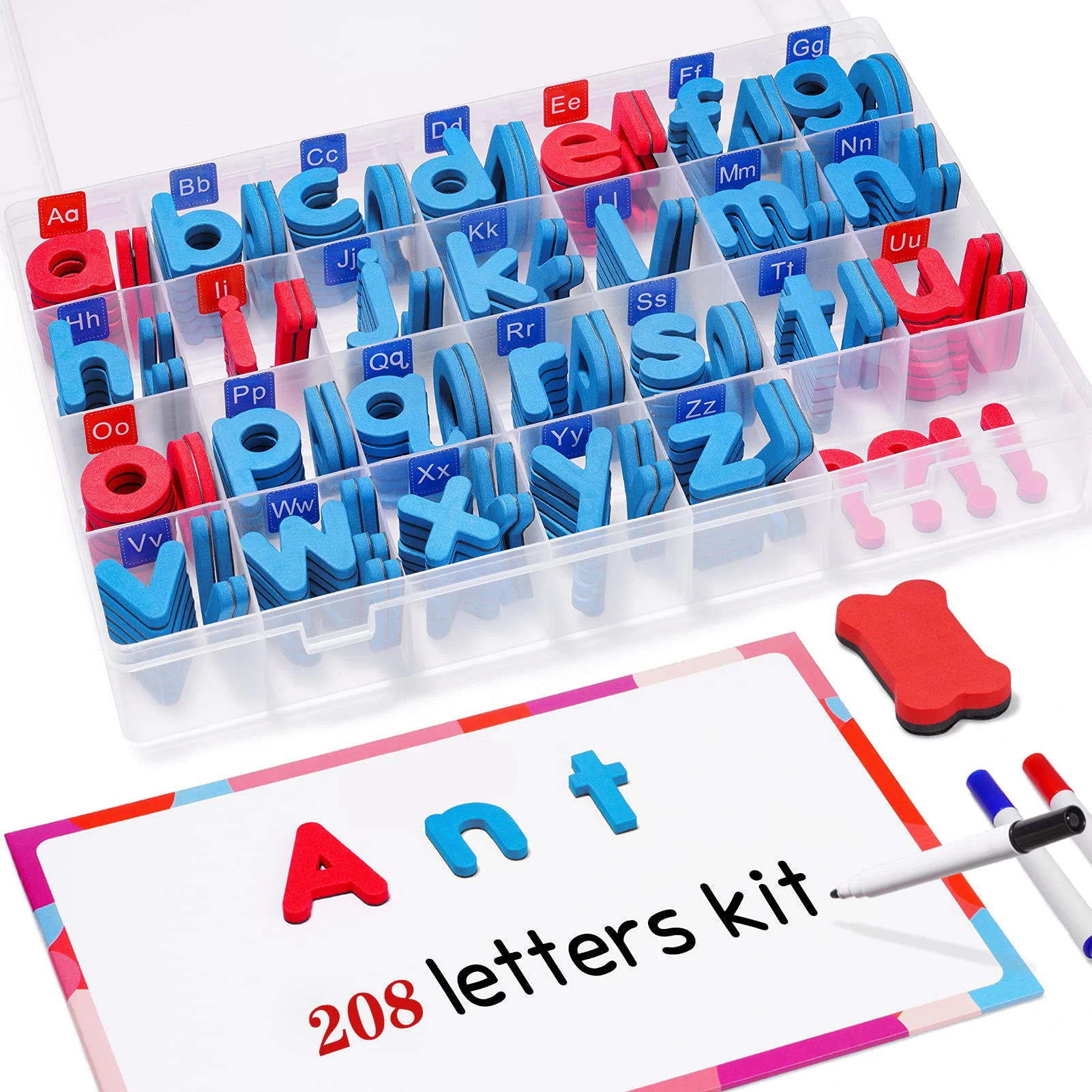 

208Pcs Magnetic Alphabet Letters Kit With Magnet Board Foam Alphabet Letters Kids Toddler Spell and Learn ABC Fridge Magnets