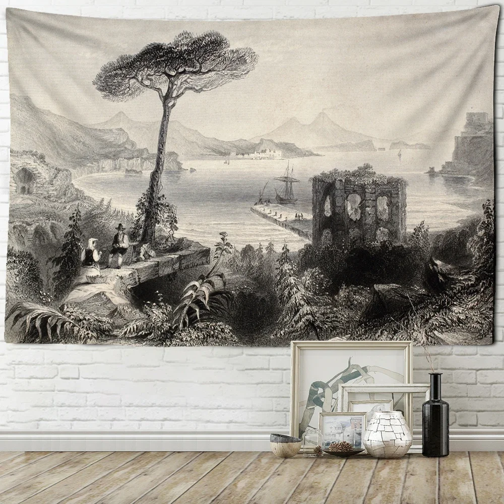 Vintage Room Decor Tapestry Black and White Washed Painting Wall Hanging Home Decor Aesthetic Bedroom Living Room Decor Tapestry