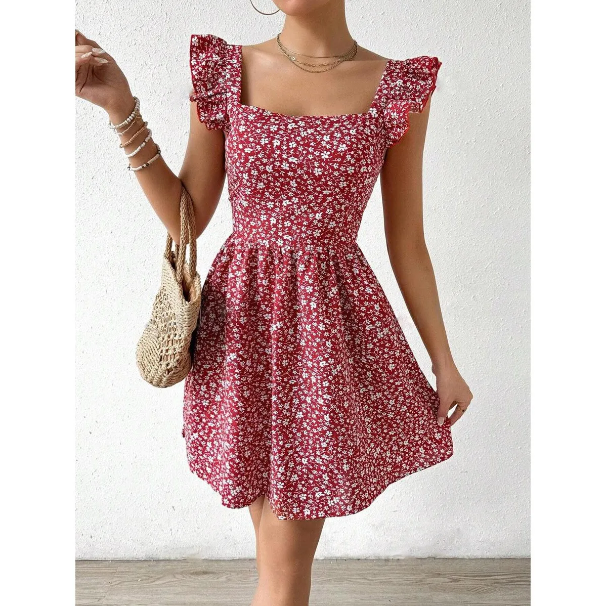 Casual boho floral impressão feminina verão sem mangas mini vestido de férias gola quadrada praia vestido de verão elegante festa vestidos curtos