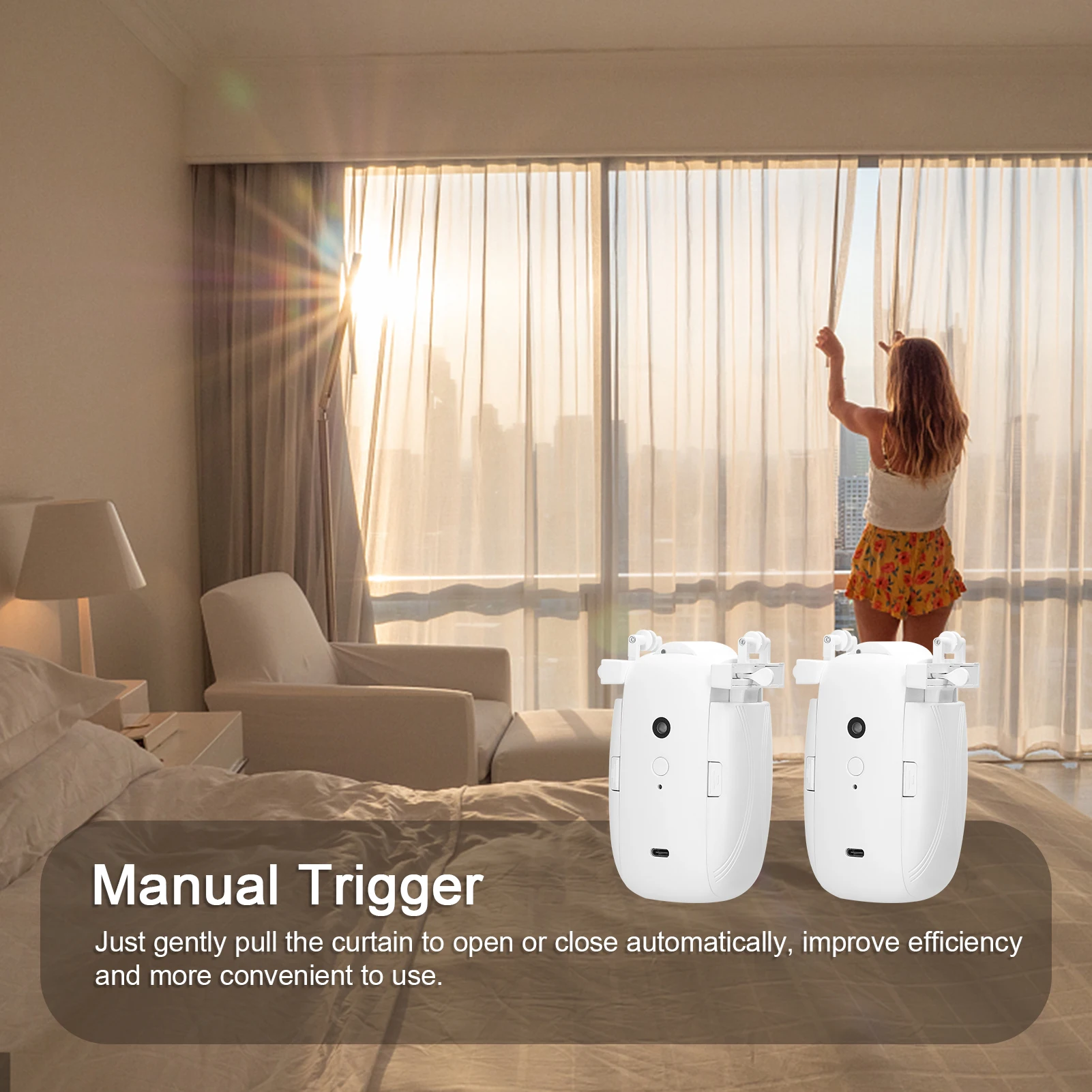 2pcs 3 in1 Intelligent Curtain Motor Home Electric Curtain Opener No Wiring with Remote Controller for I-Rail/U-Rail/Roman Rod