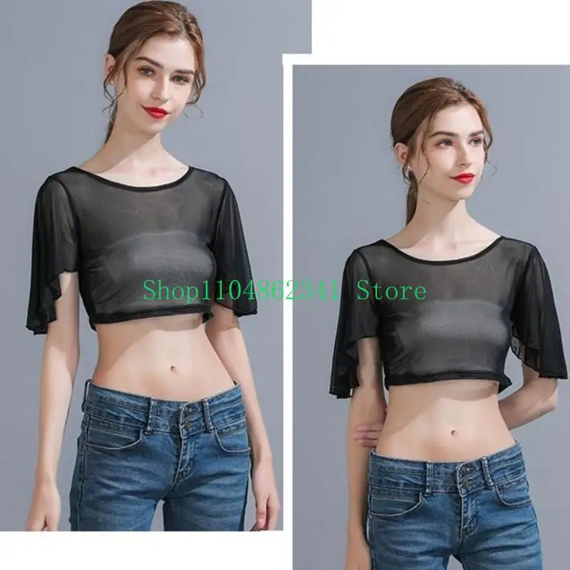 

5asd See Through Mesh Crop Top for Women Ruffle Half Sleeve Fashion Shirt
