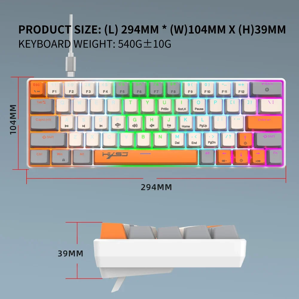 Stylish 63-Key Portable Gaming Keyboard with Type-C LED Backlit Wired for Computer Popular Choice