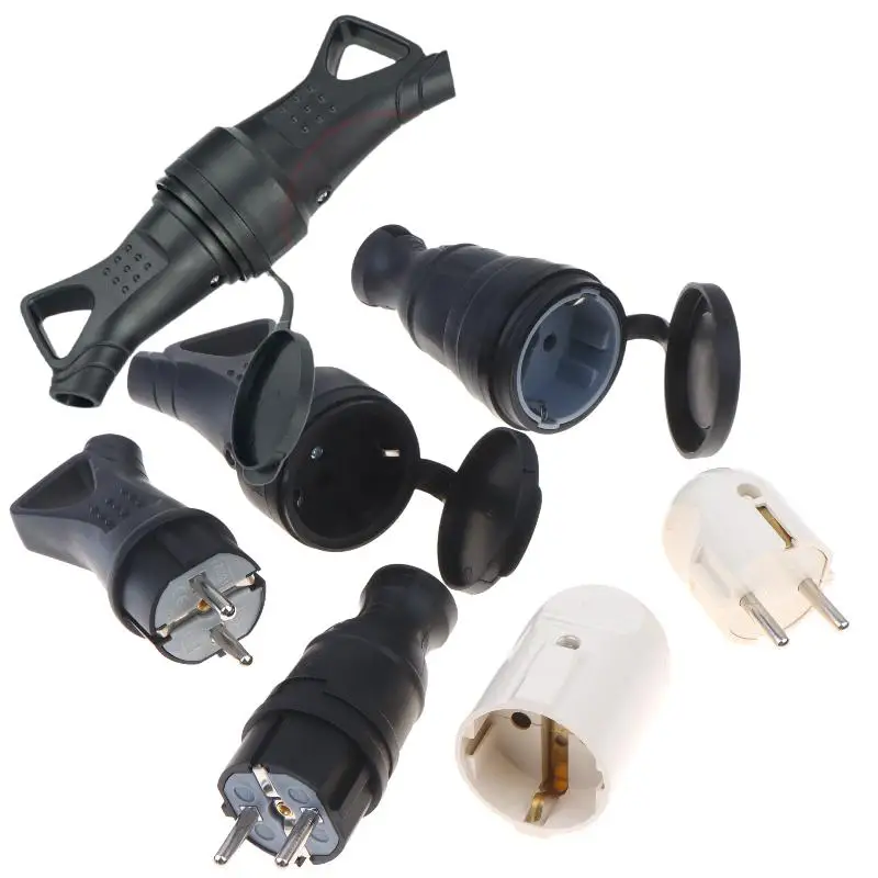 1Pcs Electrial Grounded European Connector With Cover EU Rubber Waterproof Socket Plug IP54 For DIY Power Cable Cord 16A 250V