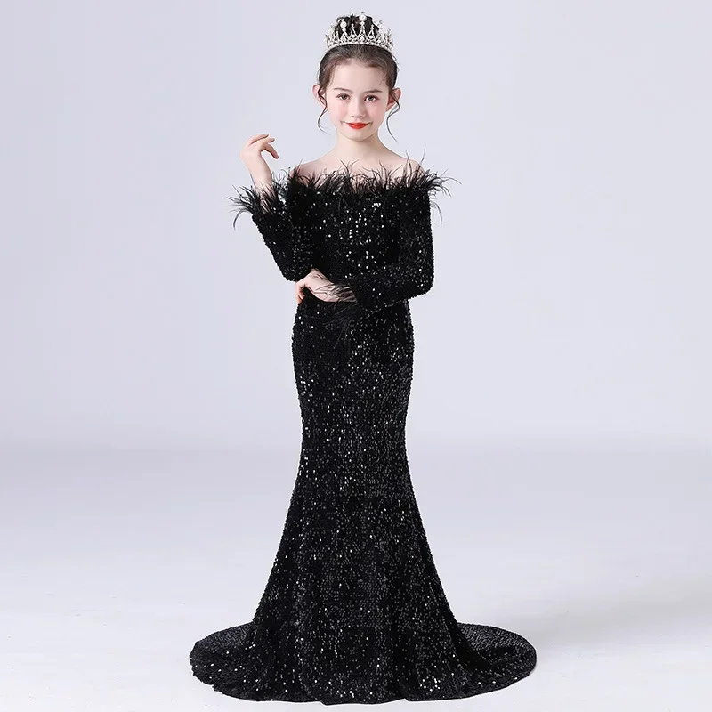 

Child Girl Black Gown Strapless Off Shoulder Backless Long Sleeve Floor Length Sequin Wedding Evening Party Maxi Dresses