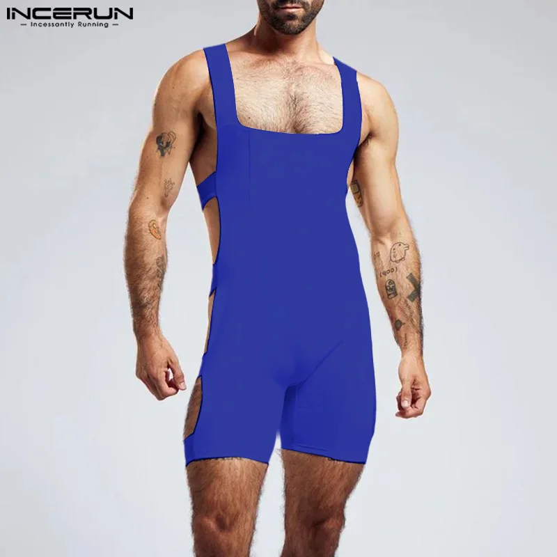 2024 Men Bodysuits Solid Color Sleeveless Hollow Out Homewear Male Rompers Sexy Skinny Fashion Leisure Playsuits S-5XL INCERUN