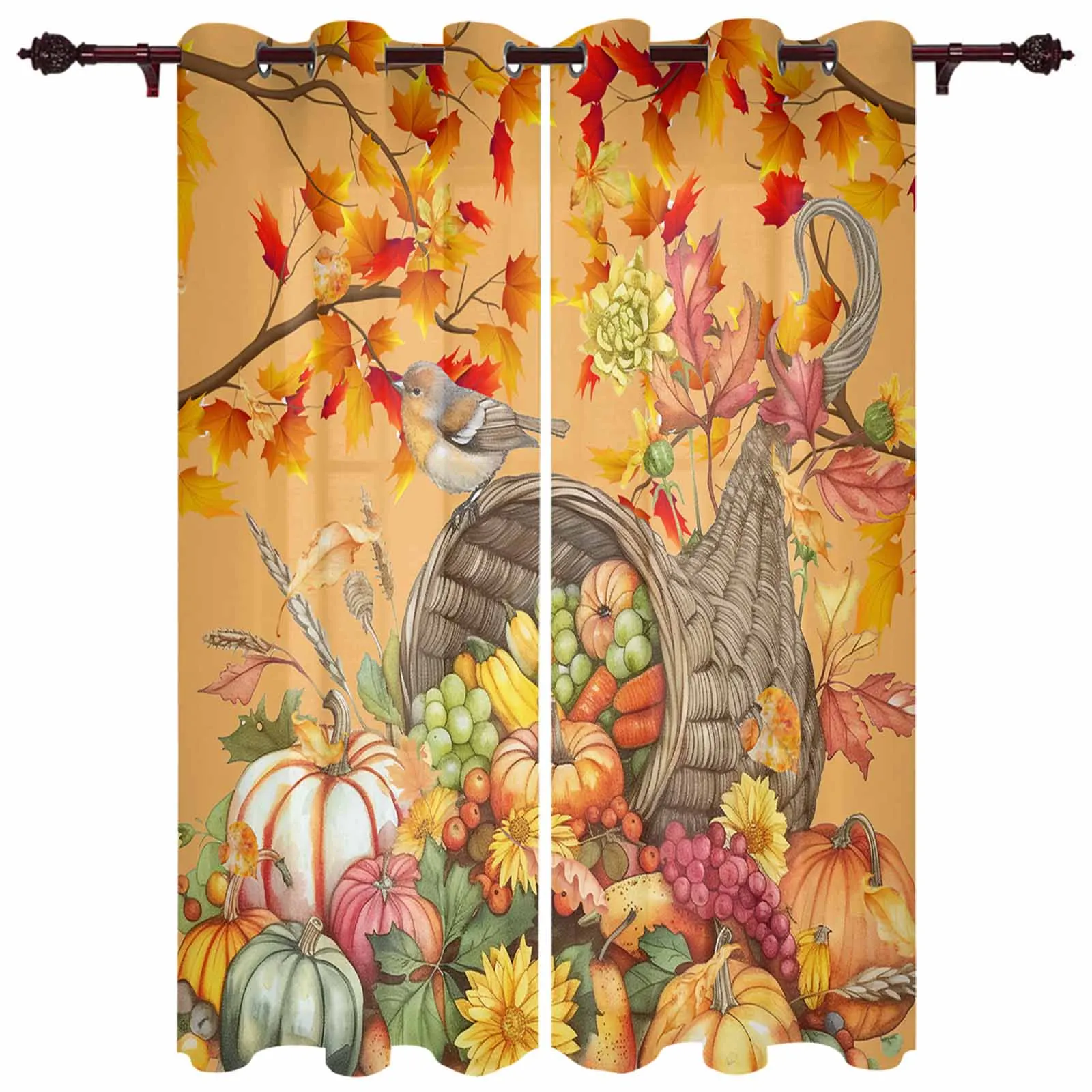 Autumn Pumpkin Maple Leaf Grapes Robin Curtains for Living Room Window Curtain for Bedroom Modern Indoor Home Decor Curtains