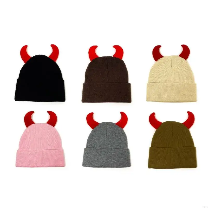 

P88A Handcrochet Skull Hat Adult Novelty Devil Horn Hat Stretchy Pullover Hat