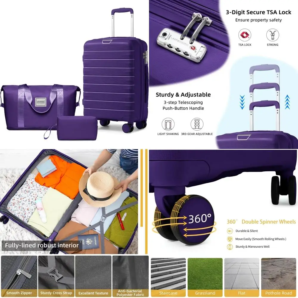 

3 Piece Luggage Set with Duffel, Hardside Carry-On Suitcase, 360° Spinner Wheels, TSA Lock, Perfect for Travel