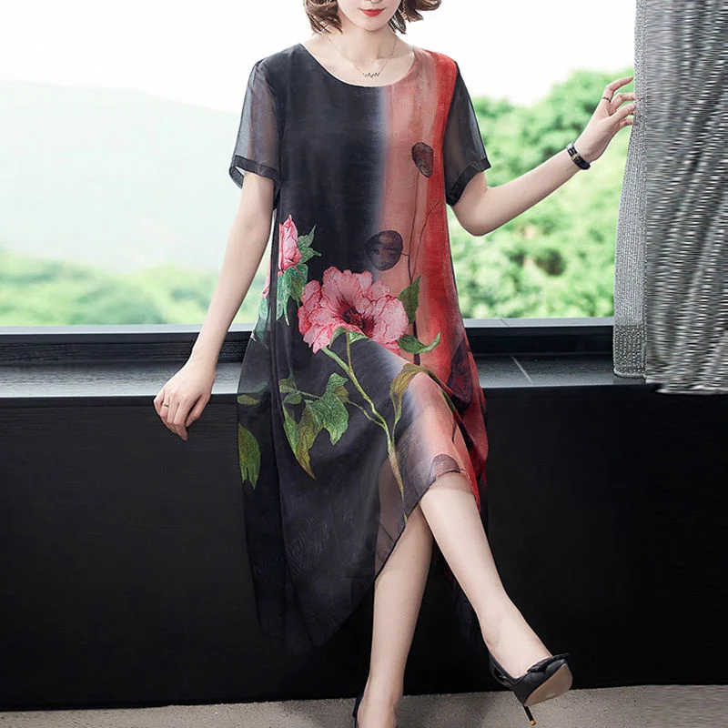 Female Korean Chiffon Dress Mother New Positioning Flowers Middle-aged Elderly High-end Silk Mid Length Dress Women A-line Skirt