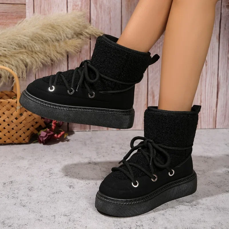 Women\'s Shoes 2024 Hot Sale Lace Up Women\'s Boots Winter Round Toe Plush Fleece for Warmth Solid Middle Tube Platform Snow Boots