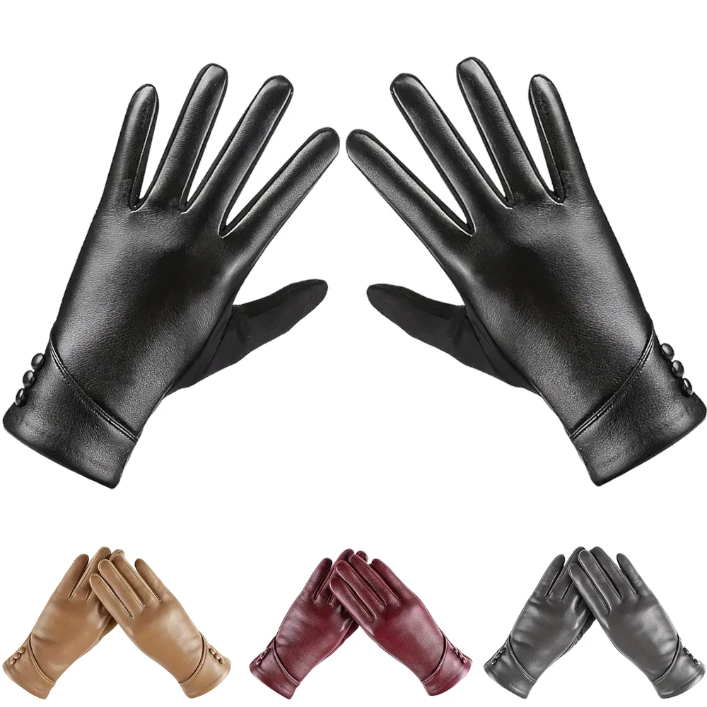 Elegant Women PU Leather Windproof Touchscreen Gloves With Soft Fleece Lining Warmth Cycling Gloves Anti-slip Design for Outdoor