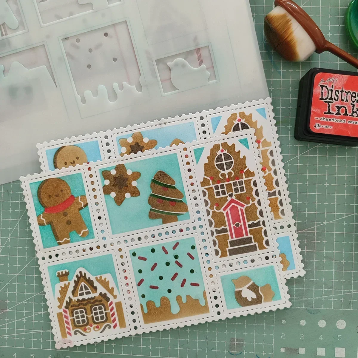 Gingerbread Postage Collage Cutting die Stencil and Clear stamp for Christmas Poinsettia Holly Card Metal die