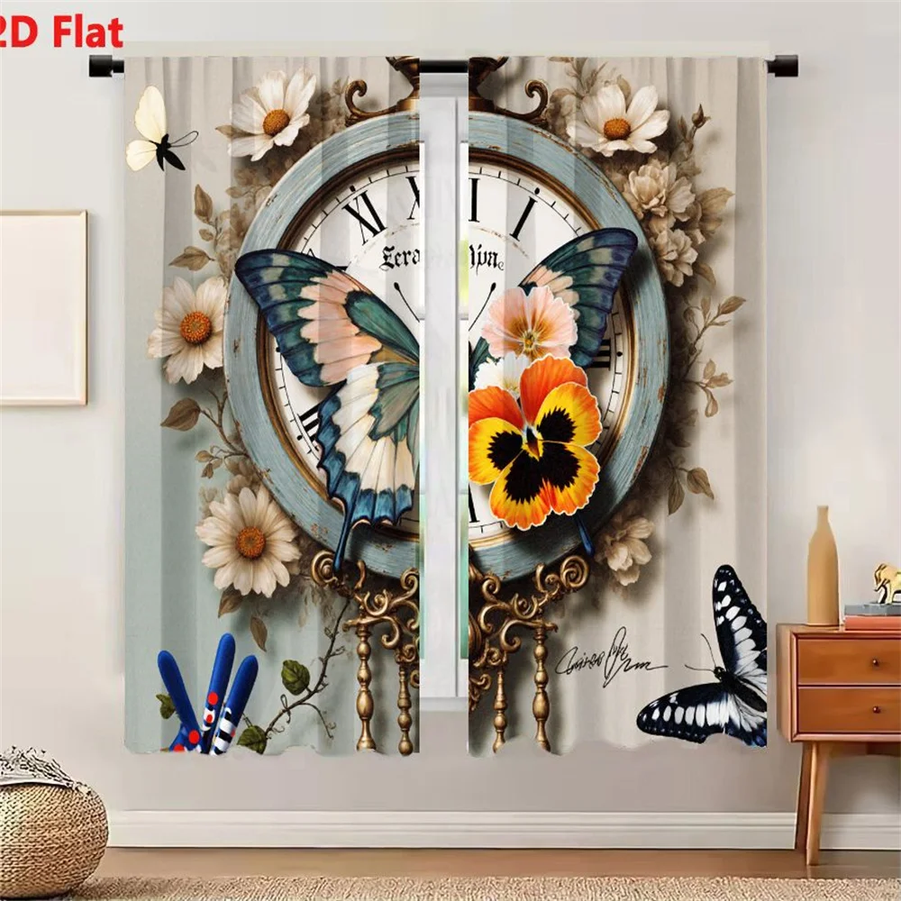 2Pcs Curtains 2D Flat Vintage Style Decorative Clock With Light Blue Frame Ornate Gold Filigree Butterfly Floral Motif Serapion