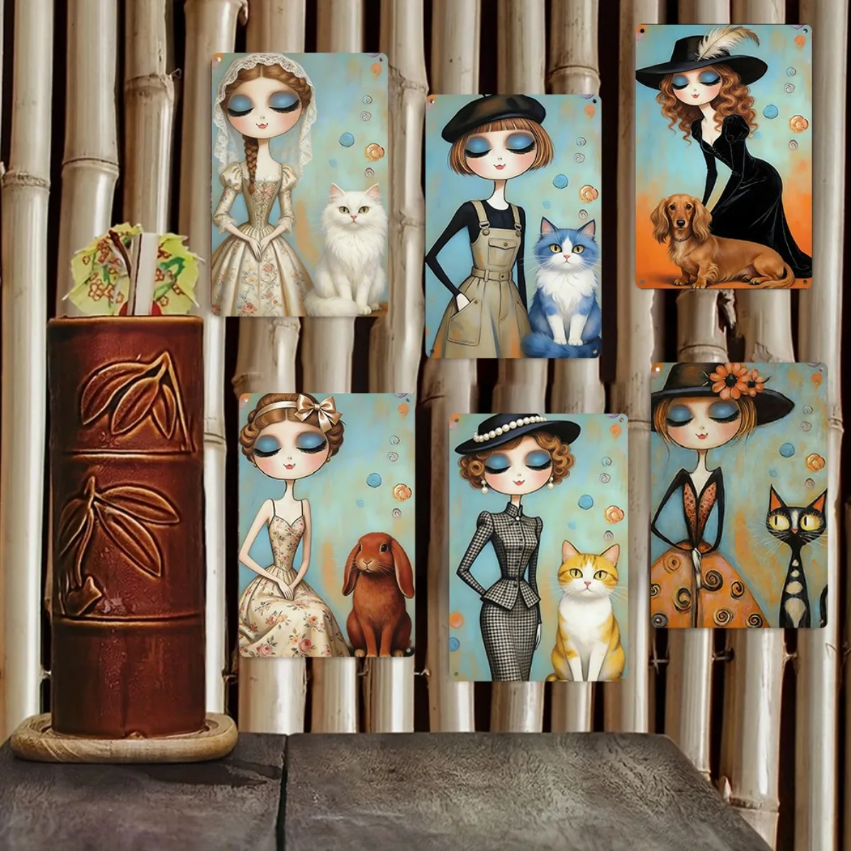 2D Flat, 6pcs Metal Wall Decor Signs Suitable for Home - Vintage Girls & Pets Art, Retro Farmhouse Wall Hanging Panels, 20.32x30