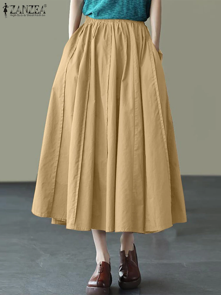 ZANZEA Women Casual Elastic Waist Baggy Skirts Jupe Summer Pleated Work Midi Skirt Spring Solid Loose Faldas Saia Oversize 2025