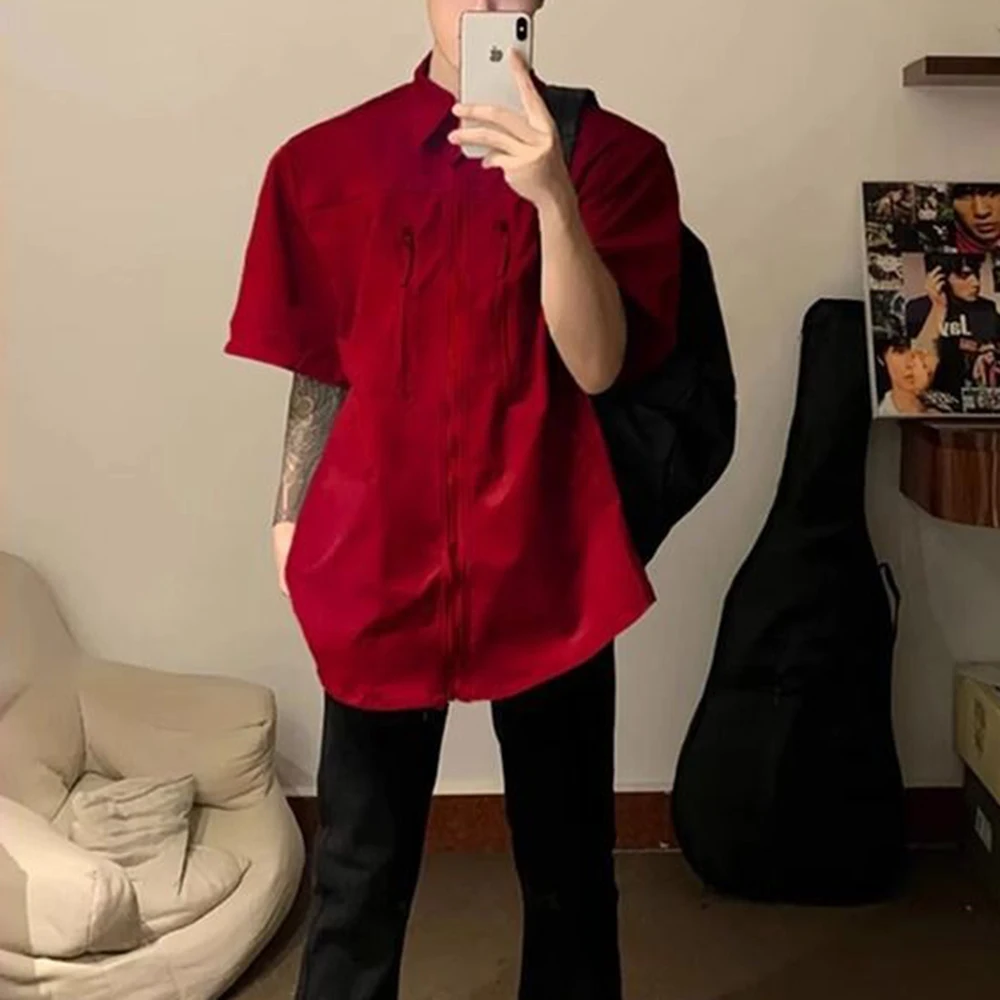 Mens Padded Shoulder Zipper Plain Casual Shirt Streetwear Fashion Daily Outdoor Versatile Short Sleeve Top Men'S Clothing 2026