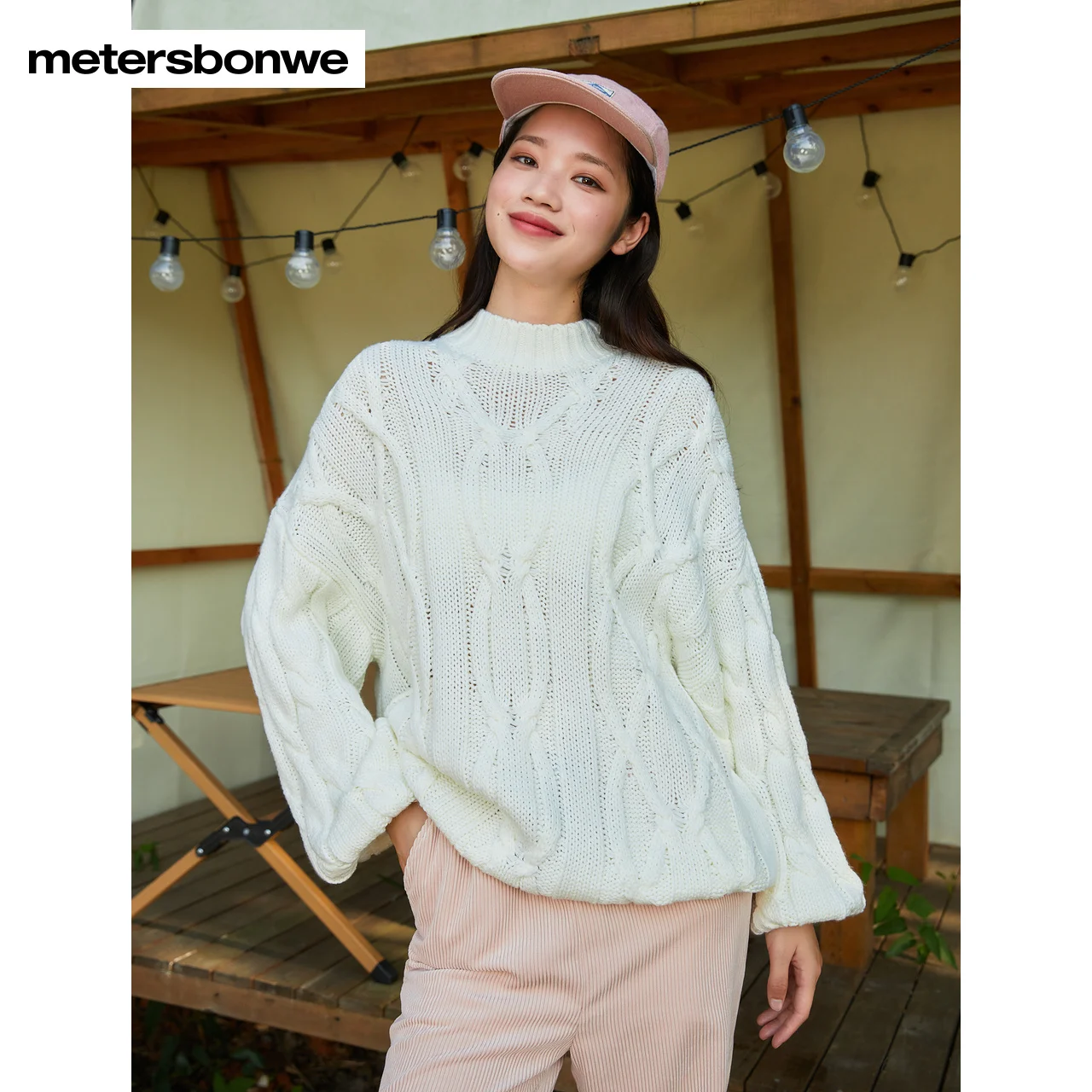 Metersbonwe-Women\'s Long-Sleeved Half High Neck Sweater, White Loose Pullover, Gentle Soft Waxy, New Fashion, Fall, Winter