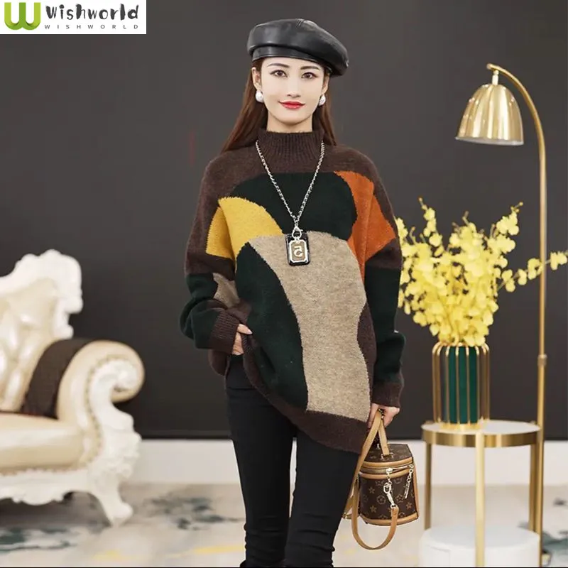 

Thickened Half High Collar Sweater Women's New Fashion Loose Pullover in Autumn and Winter 2022 Large Slim Long Sleeve Sweater