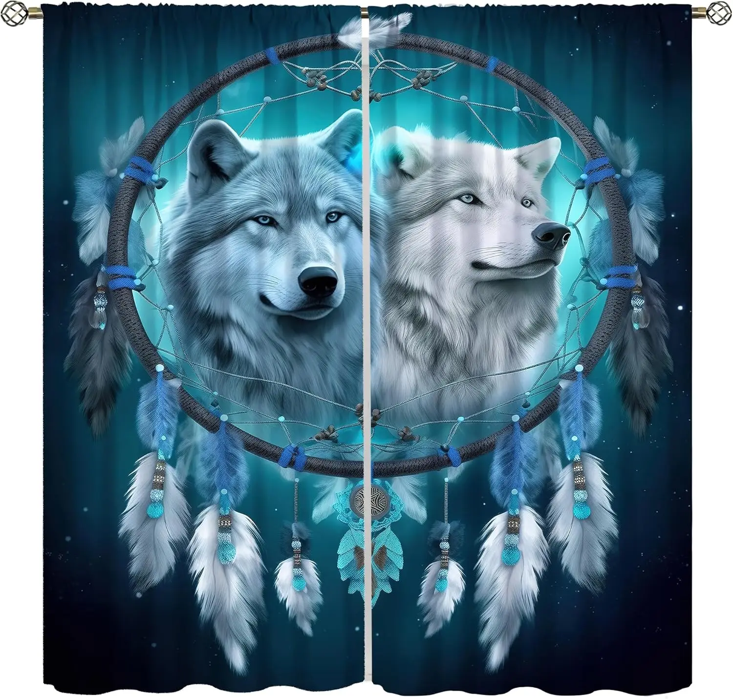 Teal Night Sky Twin Wolf Dreamcatcher Feather Blackout Rod Pocket Curtain Native Tribal Decor Men Homestay Bedroom Rest Bay