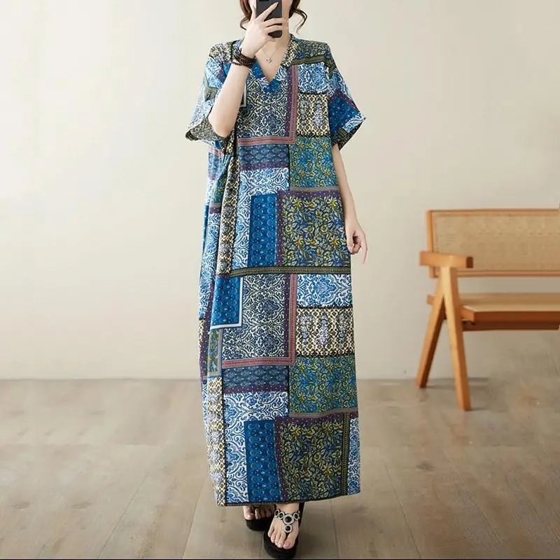 باندانا الخامس الرقبة حجم كبير فساتين متوسطة الطول الأزهار خمر مع جيب المرأة عادية فضفاض ماكسي فستان صيفي طويل بوهو رداء الملابس