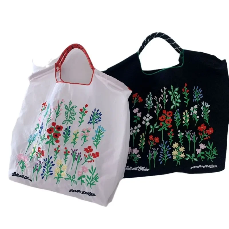 Japanese For Hand Bag Oxford Cloth Embroidery Nylon Shopping Bag Portable Shoulder Bag Korea bag Foldable Bag Floral Embroidery