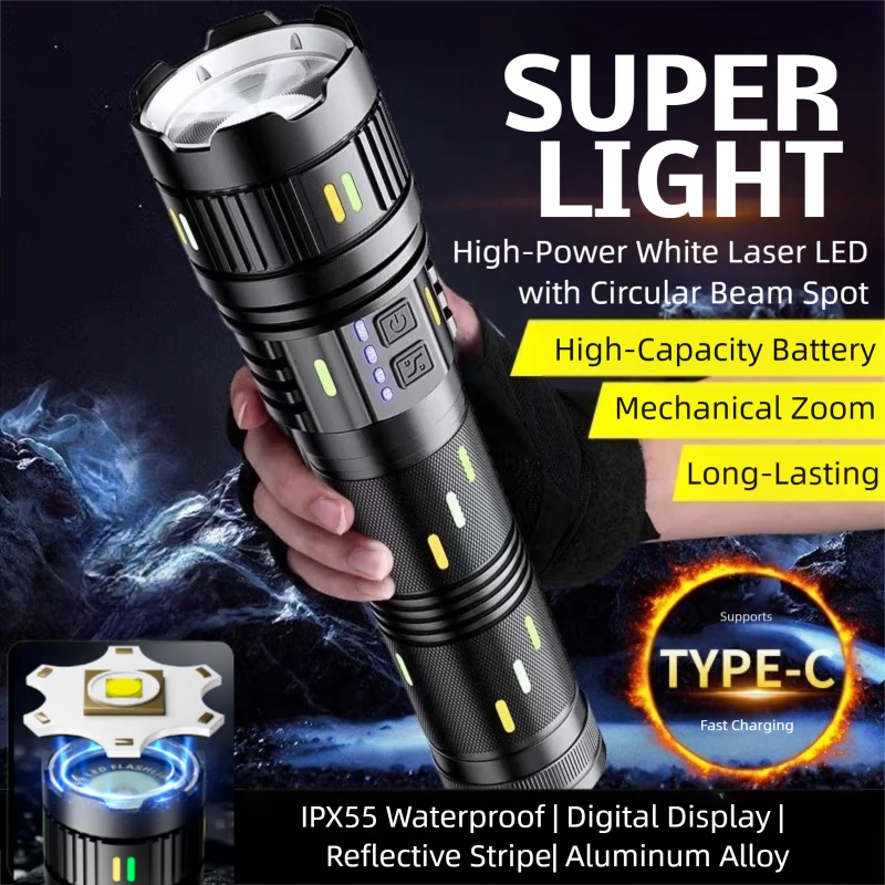 

Long Range LED Flashlight Zoom Tactical Design Power Indicator Super Bright Beam Rechargeable Battery Outdoor Emergency Lighting