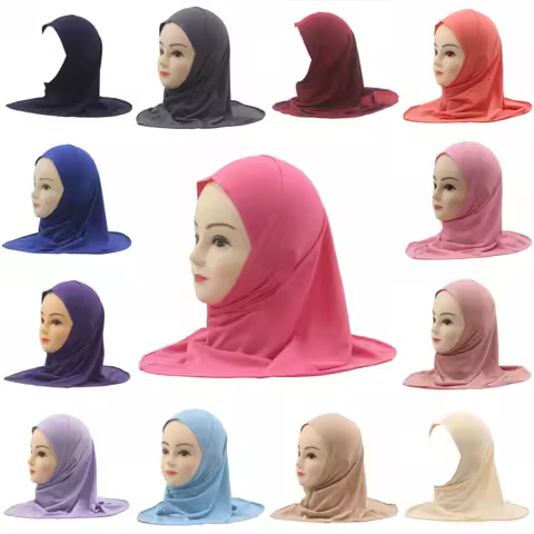 Kids Islamic Hijab Arab Girls Muslim Turban Scarf Shawls Cap Solid Color Fit 2-6 Years Old Children Wear Directly Instant Hijab