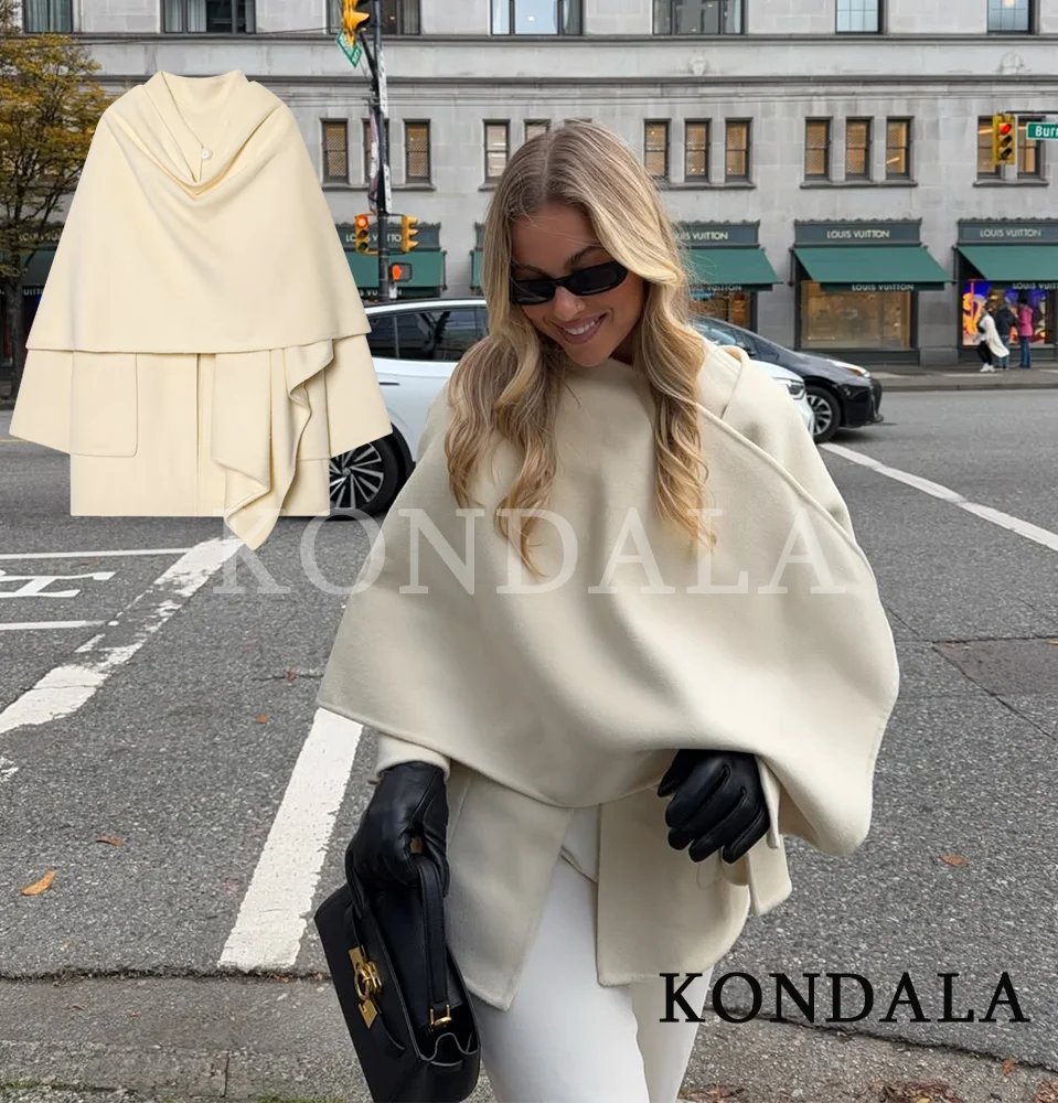 เสื้อคลุมผ้าคลุมไหล่สีเบจแบบหรูหราของ KONDALA เสื้อคลุมผ้าผสมสำหรับผู้หญิง มีกระเป๋า เสื้อคลุมทรงหลวม สไตล์เคป แฟชั่นฤดูใบไม้ร่วง-ฤดูหนาว 2026 เสื้อคลุมผู้หญิงสไตล์ไฮสตรีทสุดอินเทรนด์
