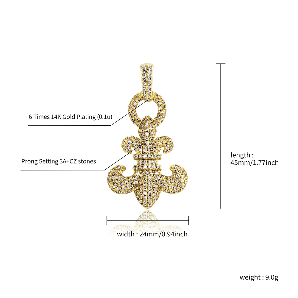TOPGRILLZ New FLEUR-DE-LIS Pendant Necklace Full Iced Micro Pave Cubic Zirconia Hip Hop Punk Couple Jewelry For Party Gift