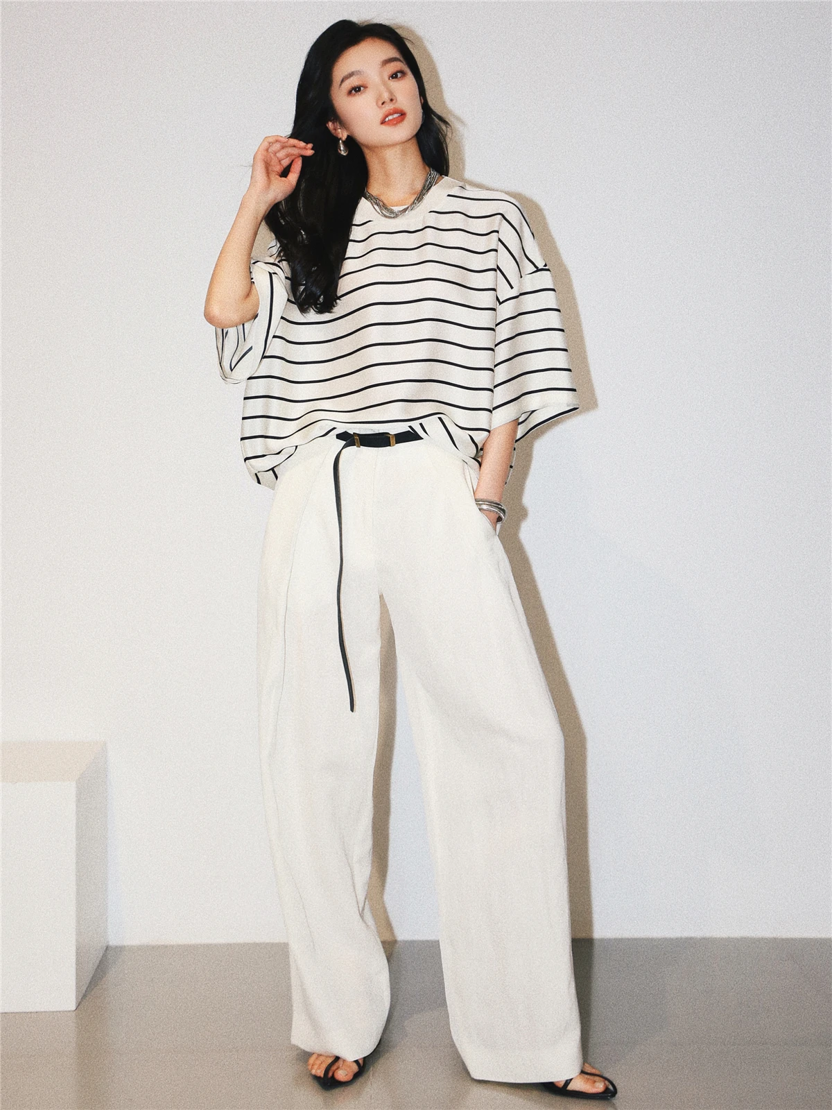 Camiseta holgada de seda ort Sve para mujer, Top redondo acanalado con estampado de rayas, novedad de otoño