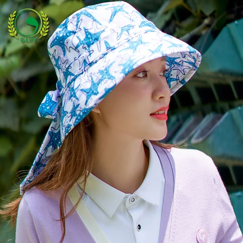 DK Berretto da golf Protezione solare da donna Cappelli a secchiello sportivi Cappello da pescatore stampato con stella da donna Visiere parasole con fiocco regolabile Tesa grande