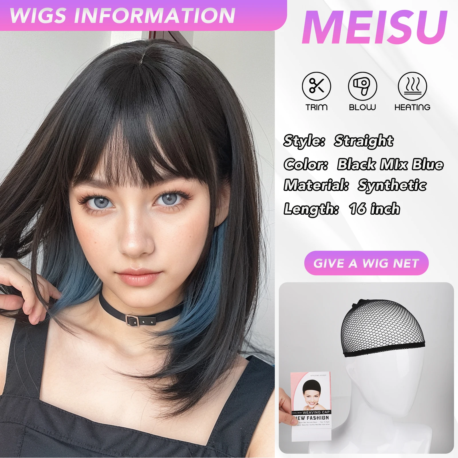 MEISU Bob 16 Inch Black Stairght Bangs Wig Fiber Synthetic Wig Heat-resistant Non-Glare Natural Cosplay Daily For Women Use