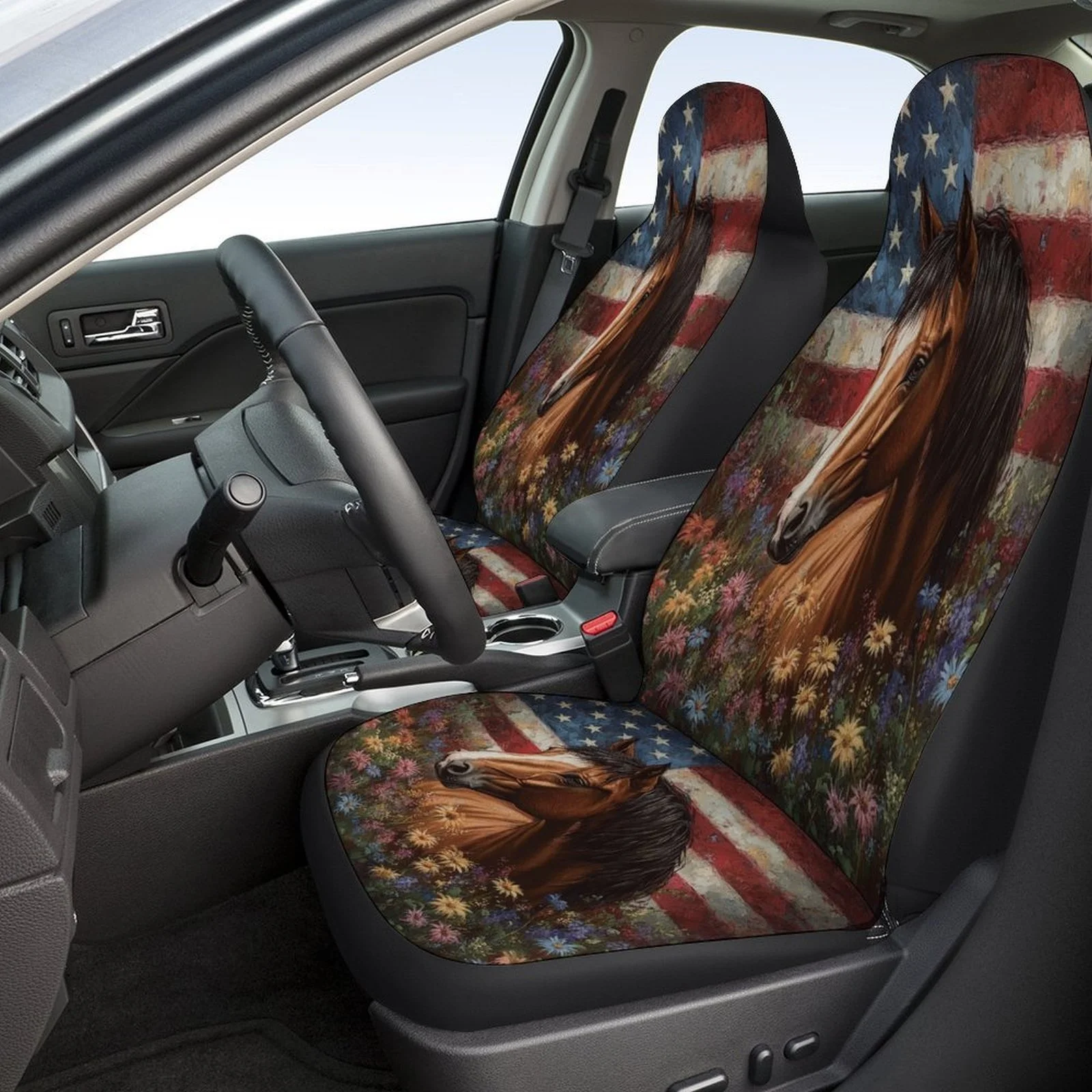 American Flag & Horse Design Car Seat Cover Set - Stylish Polyester, Universal Fit For Most Cars, Machine Washable, 2 Front & Re