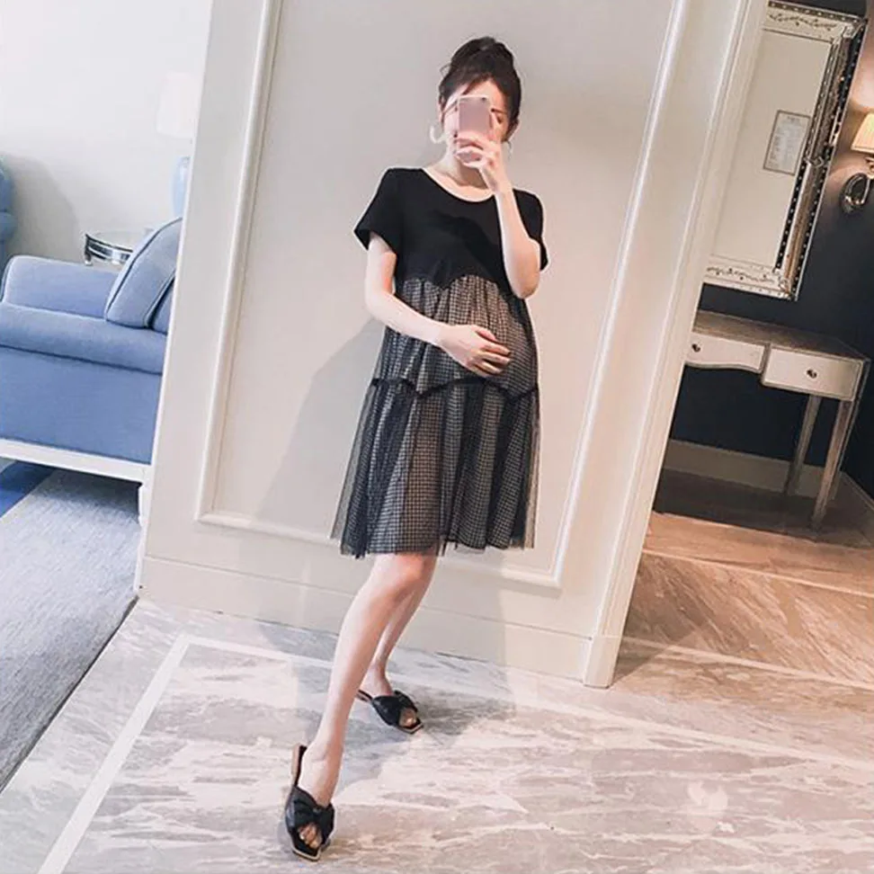 Fashion Maternity Dresses Summer Double Layer With Lace Dress  A-line Skirt Loose Short Sleeve Clothes Pregnant Women Clothing