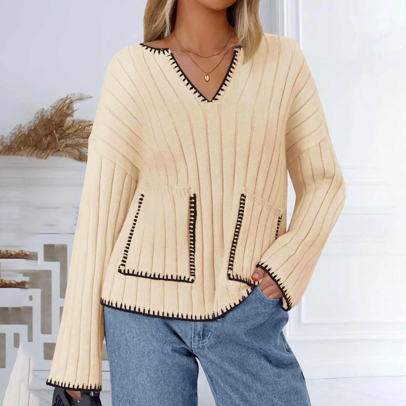 

Women'S Rib Knit Sweater Fashion Beautiful Soft Comfortable Warm Sweater V-Neck Long Sleeve Double Pocket Casual Pullover