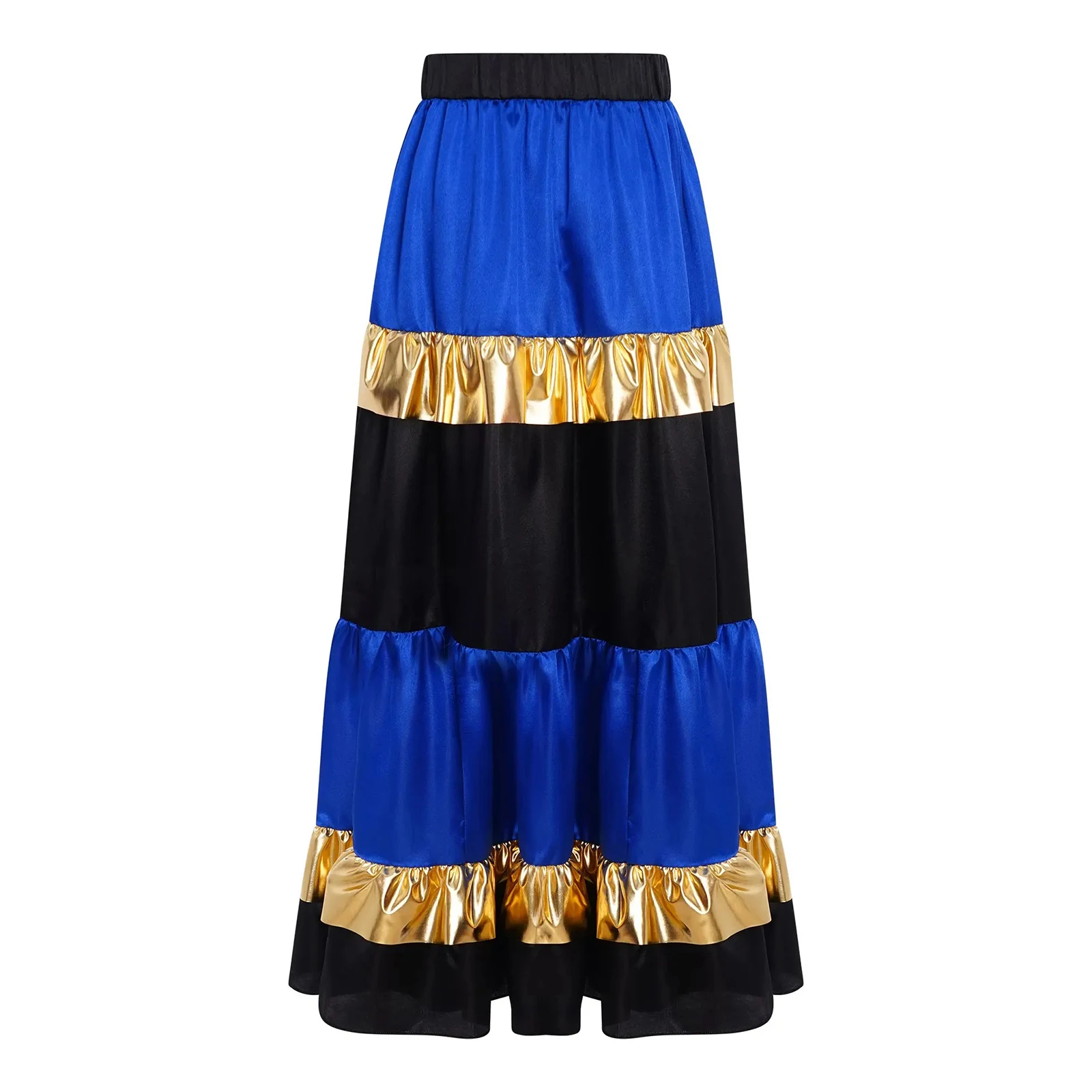 Gonna da ballo flamenco valzer per bambina, gonna maxi altalena grande satinata con volant a strati, colore a contrasto lucido metallizzato per la danza spagnola