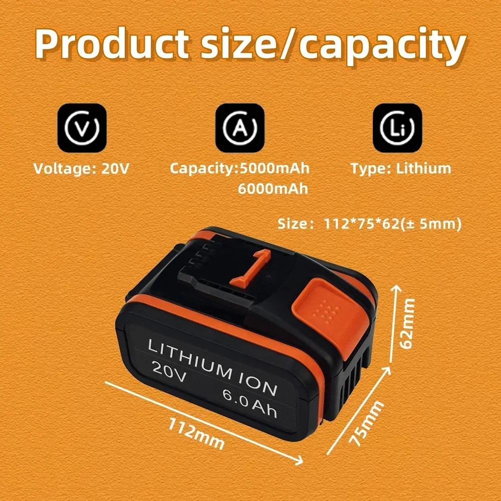 6.0Ah 20V For Worx WA3551.1 5.0Ah Li-ion Battery WA3553.2 WX390 WA3572 WX367 With charger