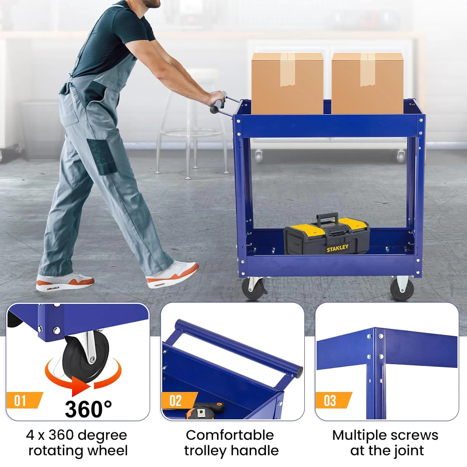 2 Tier Metal Utility Cart Heavy Duty Utility Cart On Wheels Rolling Tool Cart,Tool Storage Organizer for Garage Warehouse