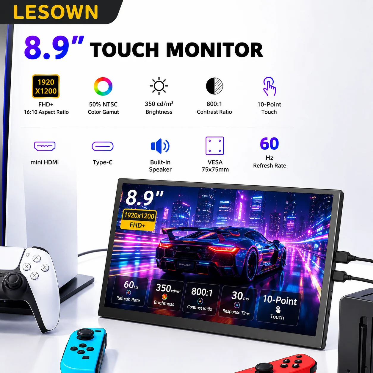 

LESOWN 8.9" 1920x1200 IPS Touch Portable Monitor 1200P Type-C miniHDMI Speaker VESA Travel External Laptop Office Display