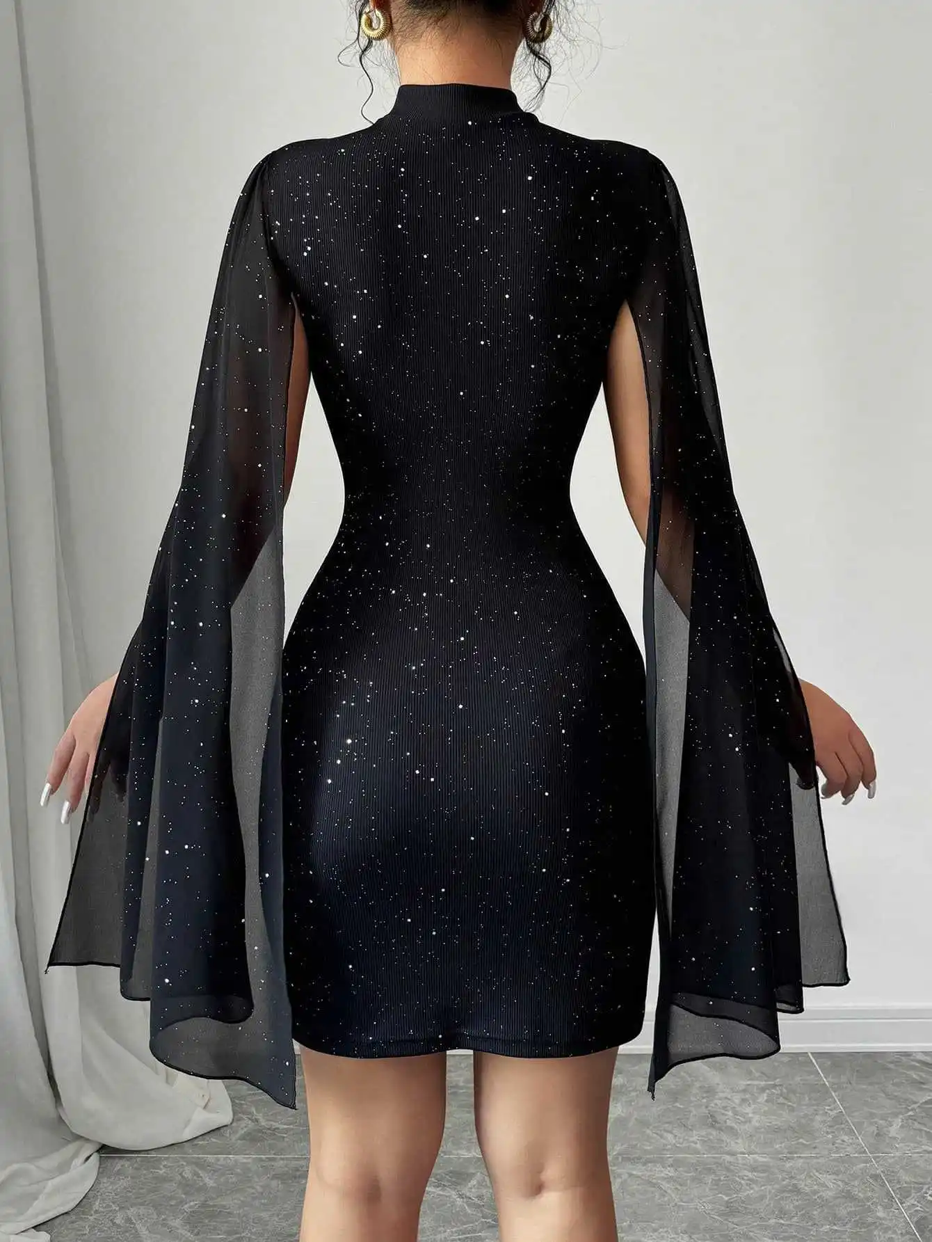 Women's Sparkly Print Turtleneck Lantern Sleeve Bodycon Mini Party Dress - Sexy Clubwear