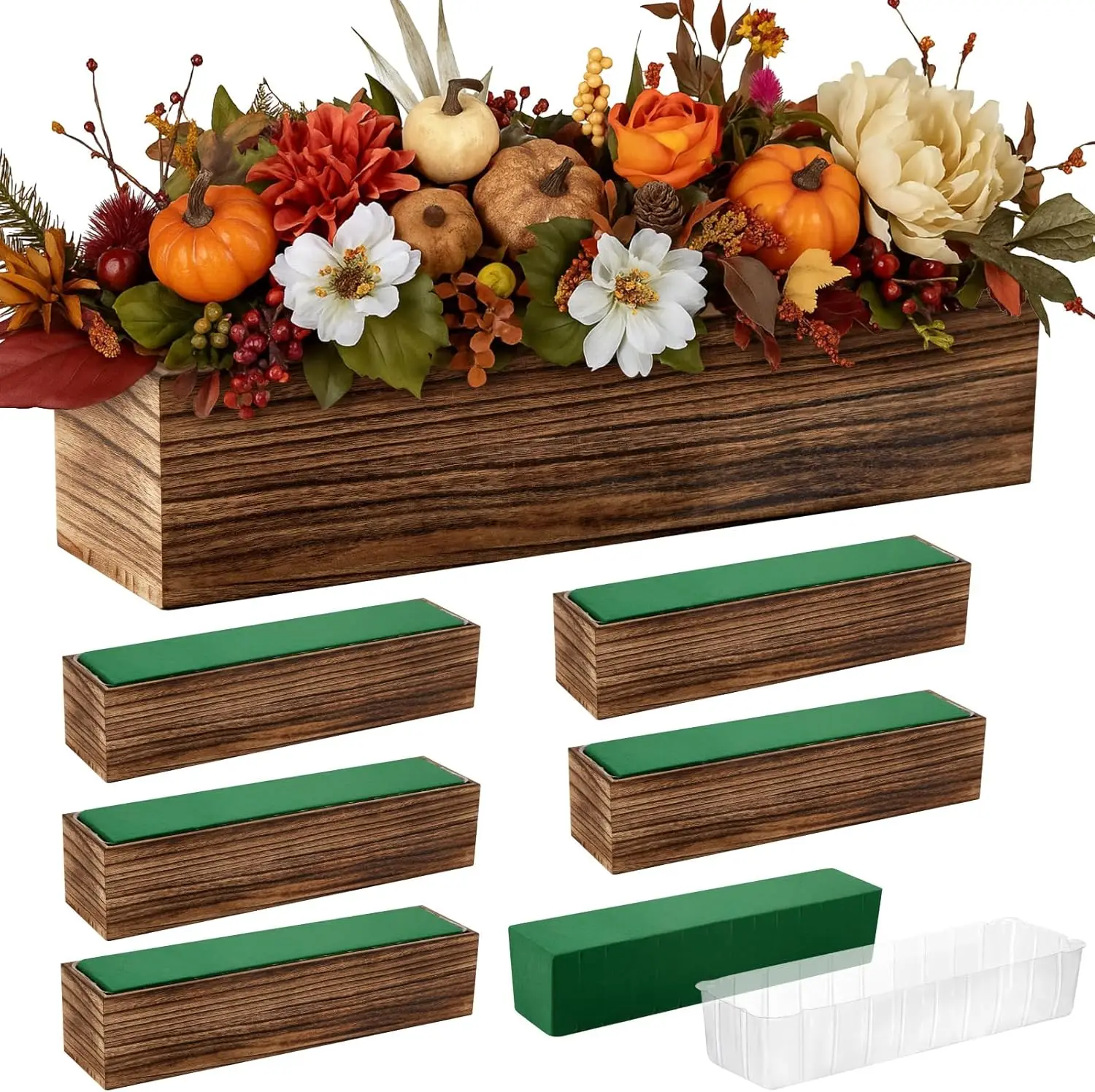 6 Set Rustic Wooden Planter Boxes with Removable Liner and Floral Foam for Centerpieces, Home Wedding Garden Decor