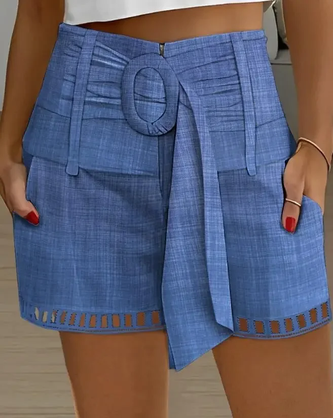 

Fashion Women High Waist Shorts Belted Hollow Out Design Slight Stretch 2023 Summer Casual Short Pants Female
