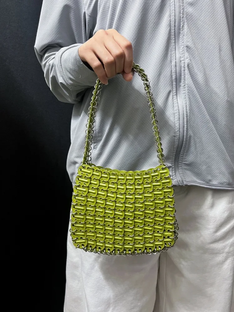 

New Green Iron Sheet Woven Bag Handmade Fashionable Glitter Bag Women's Handbag And Purse Chain Single Shoulder Underarm Bag