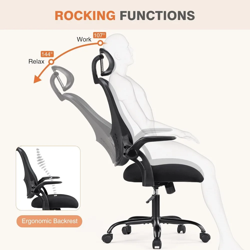 Computador do escritório Desk Chair,Mesh rolamento cadeiras de trabalho com rodas e encostos de cabeça ajustáveis, apoio lombar, confortável Flip-up Arms