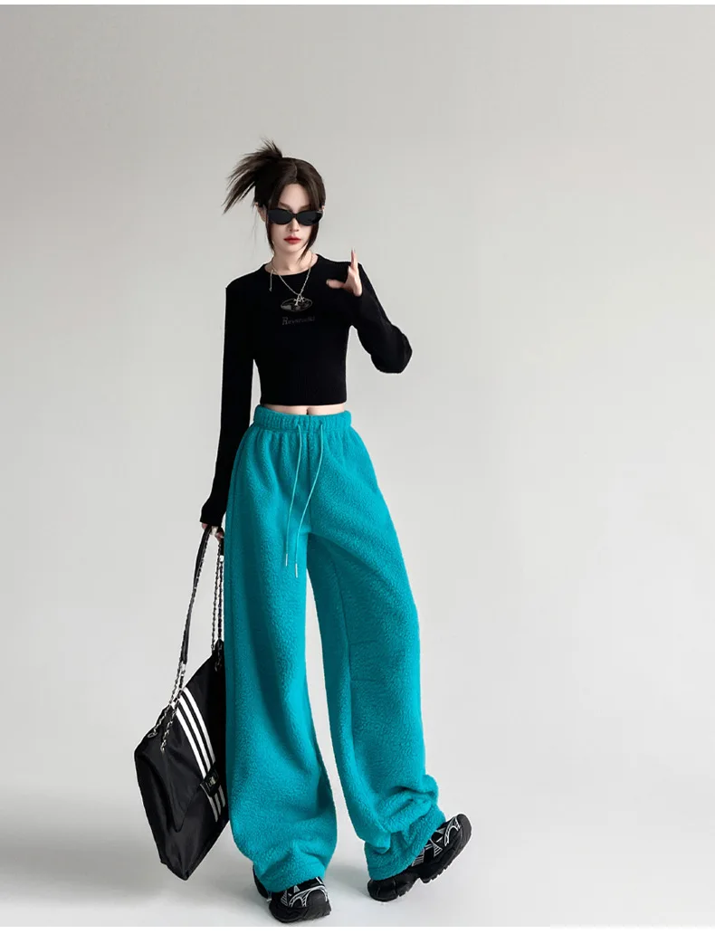 GG Women's Wide-Leg Pants Winter 2026 New Style Double-Sided Fleece High-Waist Loose Straight-Leg Pants Warm Casual Pants